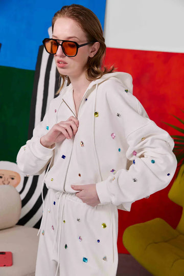 stone-embellished cropped zip-up hoodie