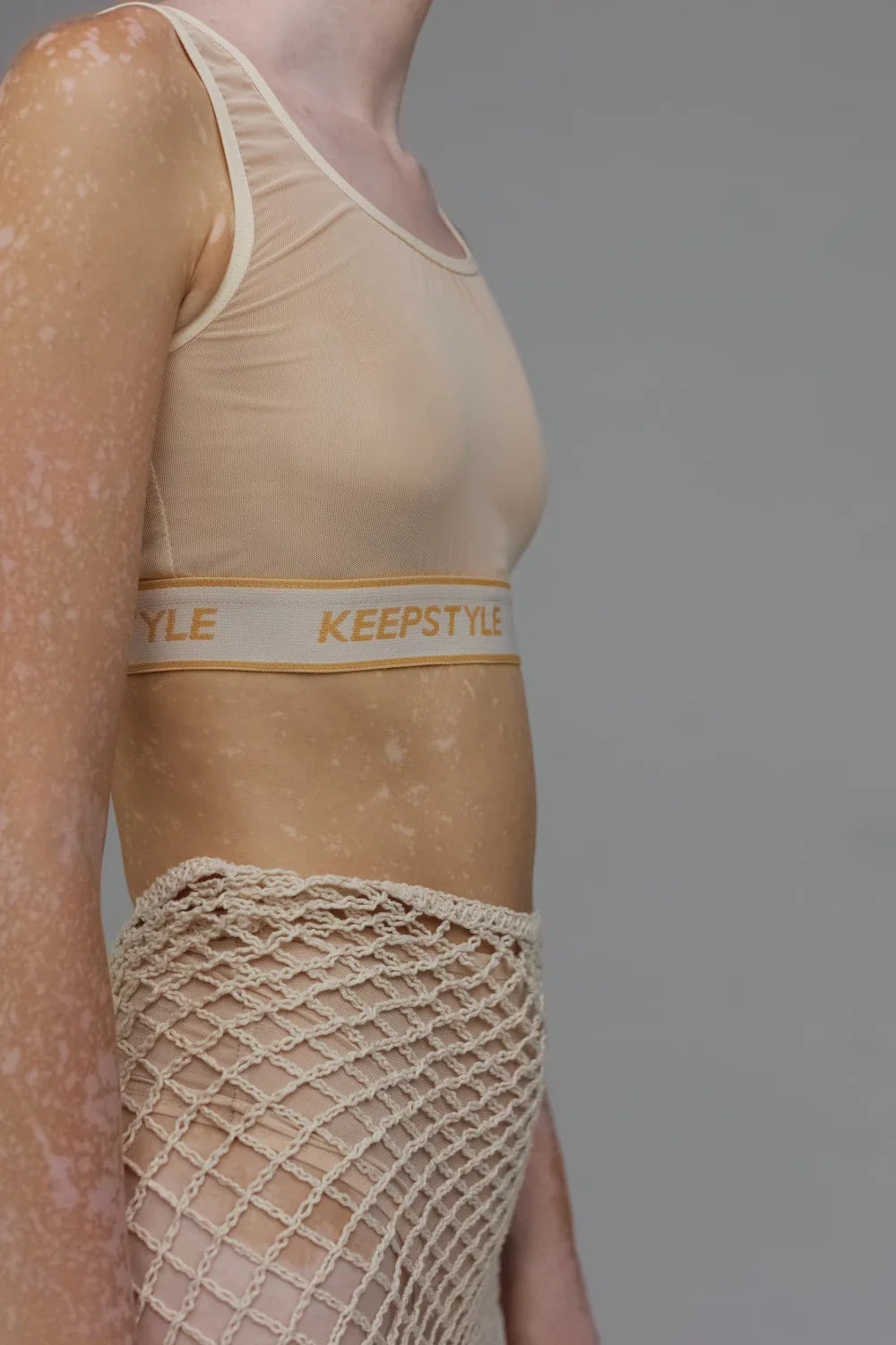 mesh elastic band top in beige color