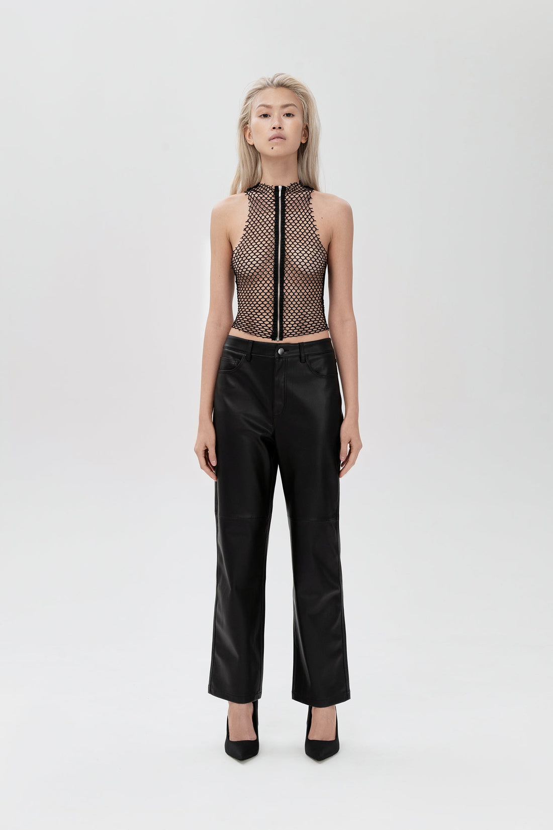 "sheer mesh" top in black color