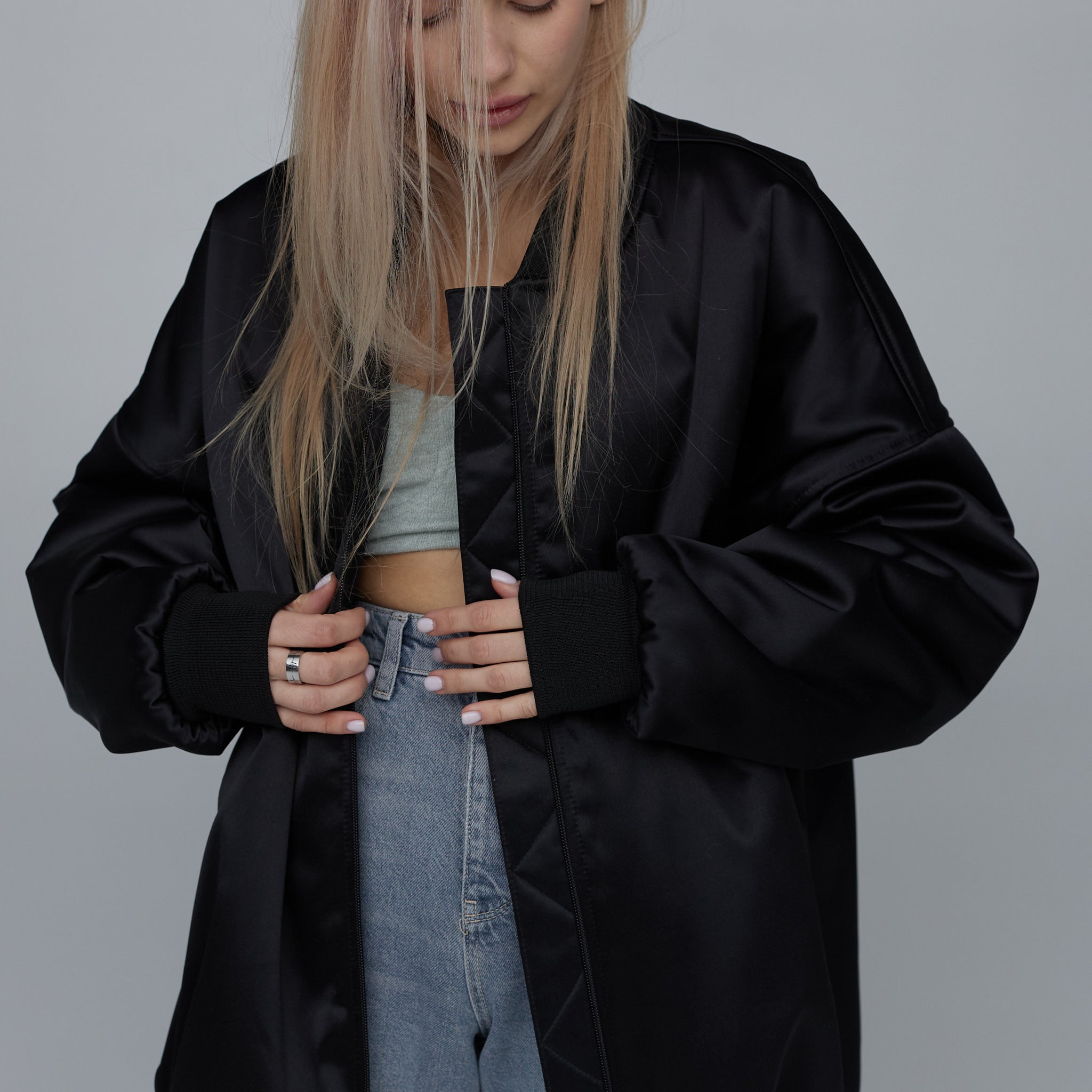 satin bomber in black color