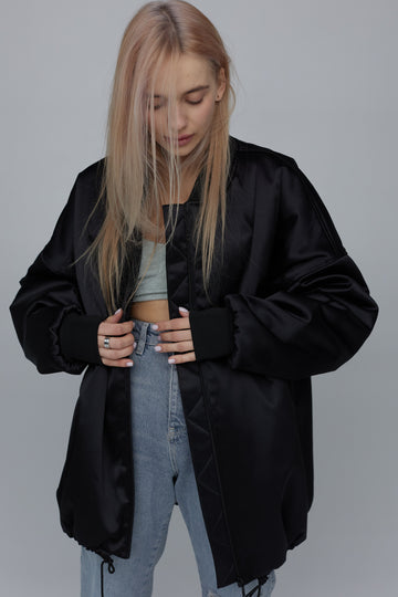 satin bomber in black color