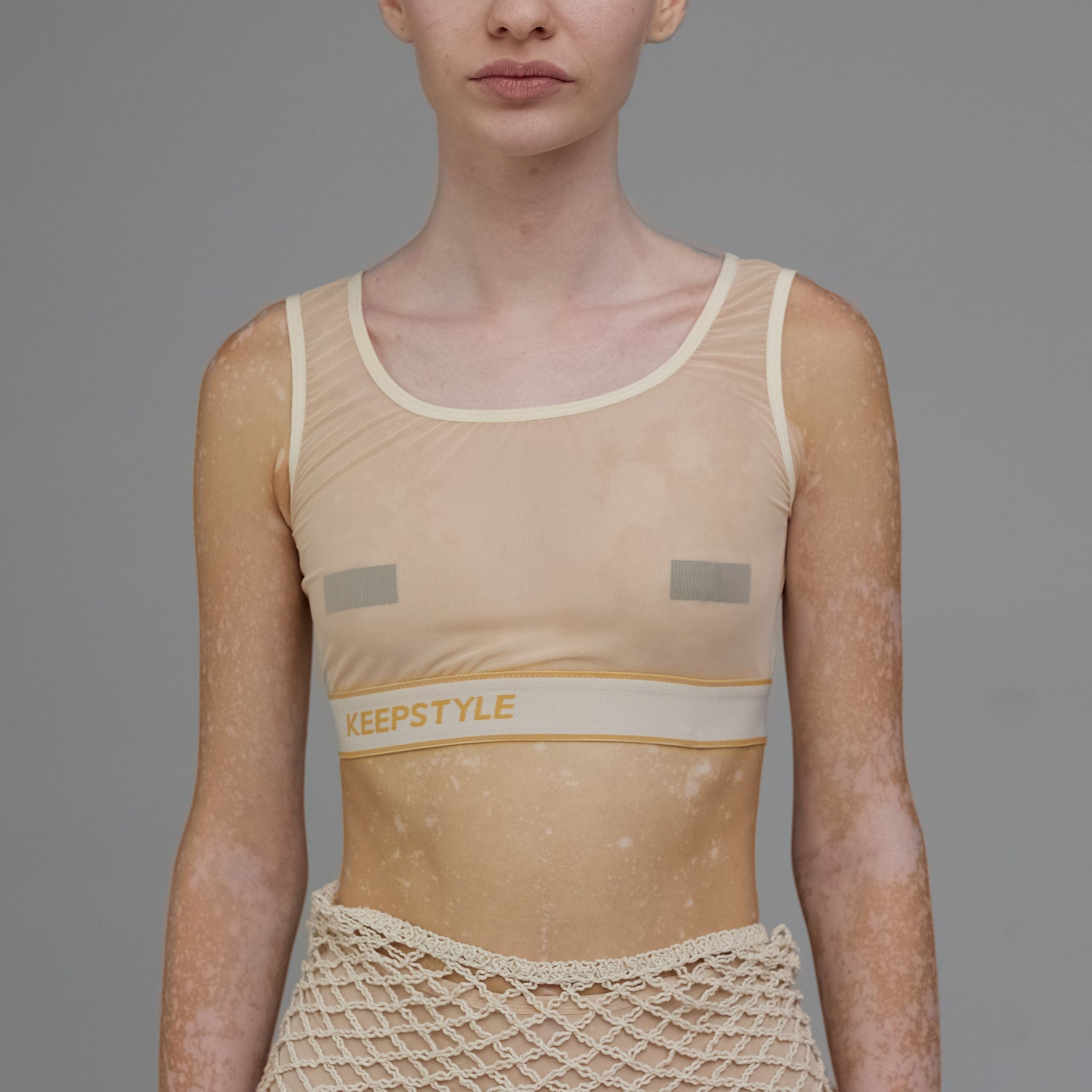 mesh elastic band top in beige color