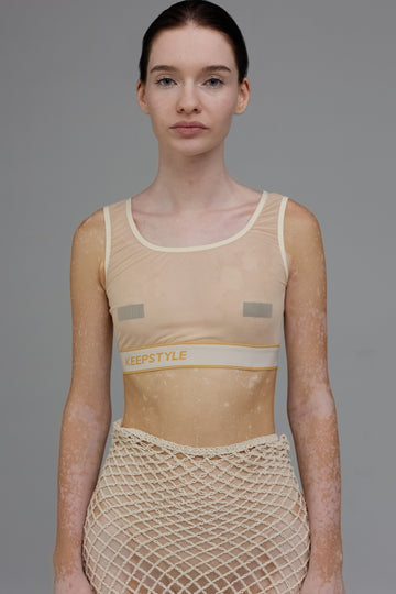 mesh elastic band top in beige color