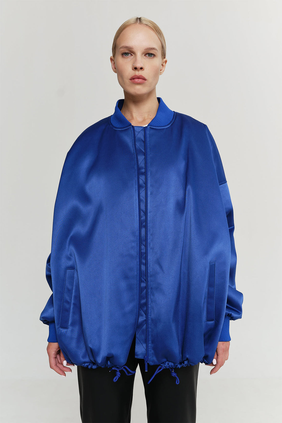 satin bomber in electric blue color