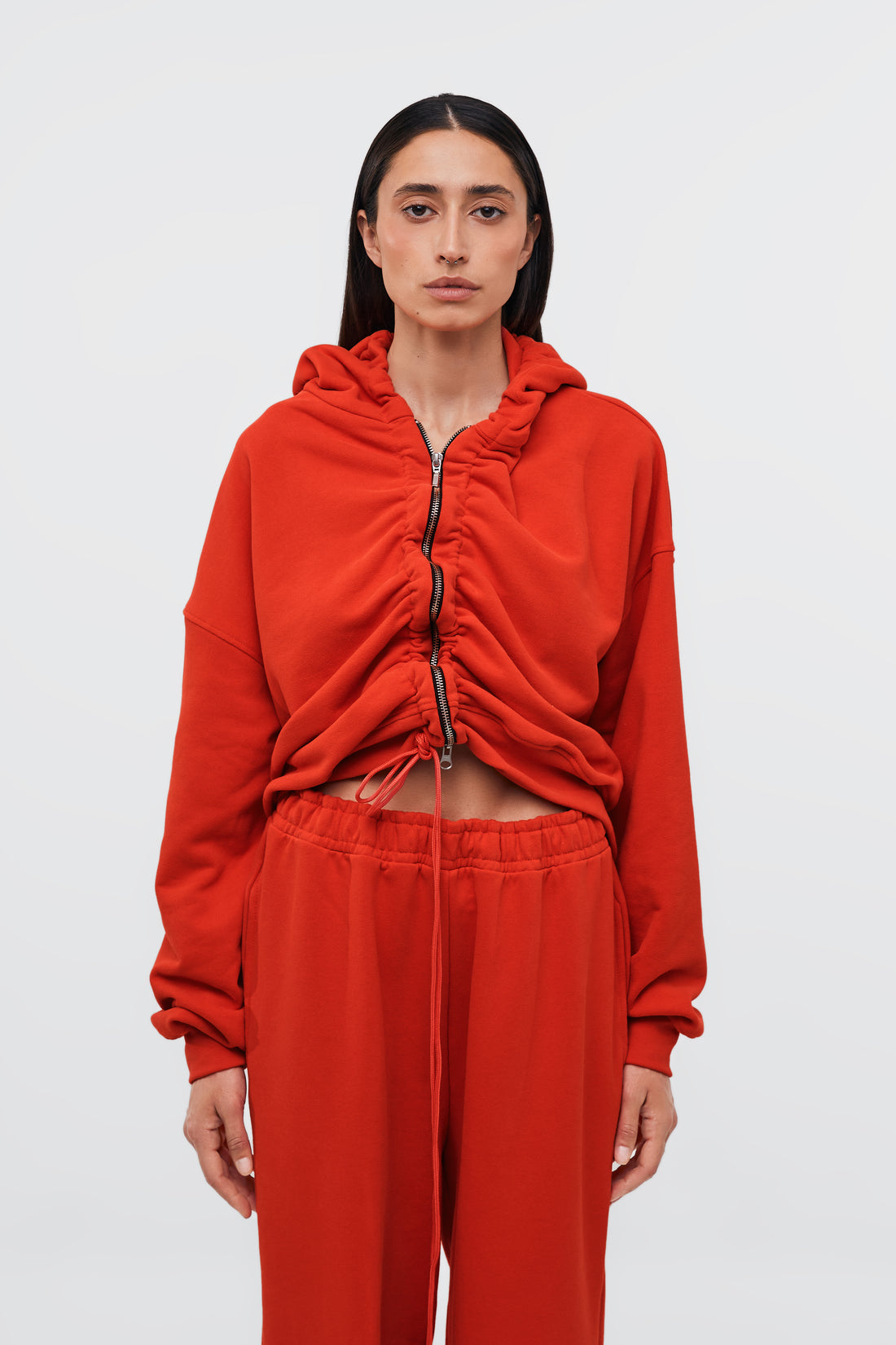 zip-up crop hoodie in red color