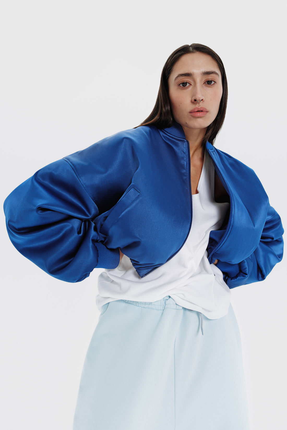 cropped satin bomber in electric blue color