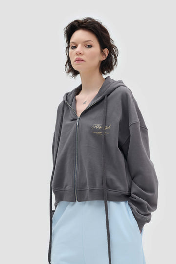 cropped zip-up hoodie with long laces in graphite color