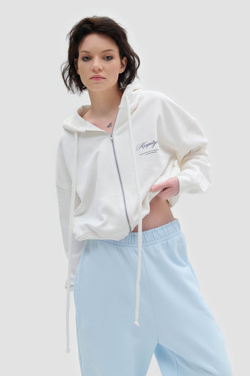 cropped zip-up hoodie with long laces in milk color