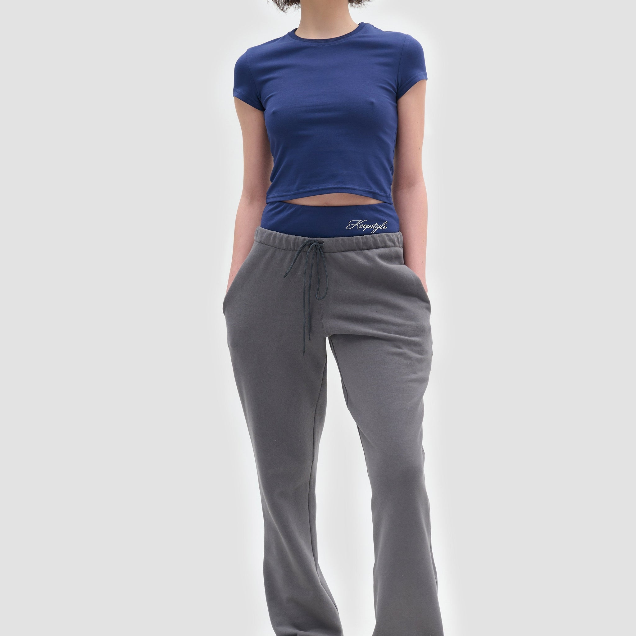 flared pants with imitation lingerie