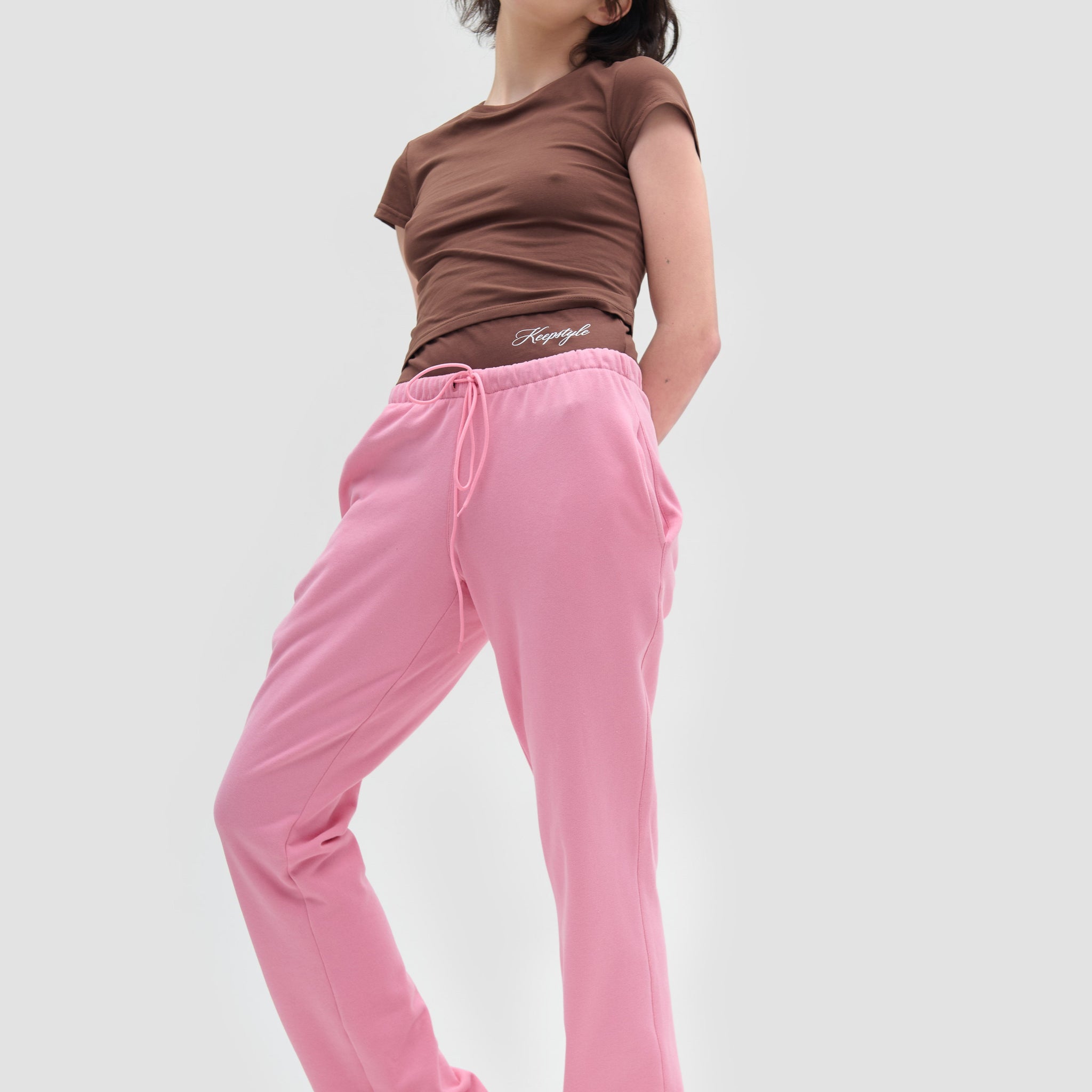 flared pants with imitation lingerie