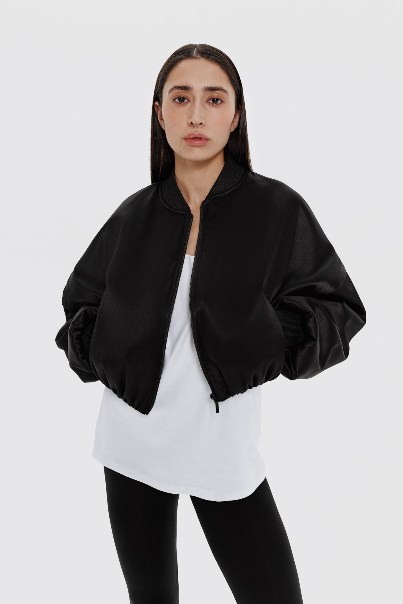 cropped satin bomber in black color