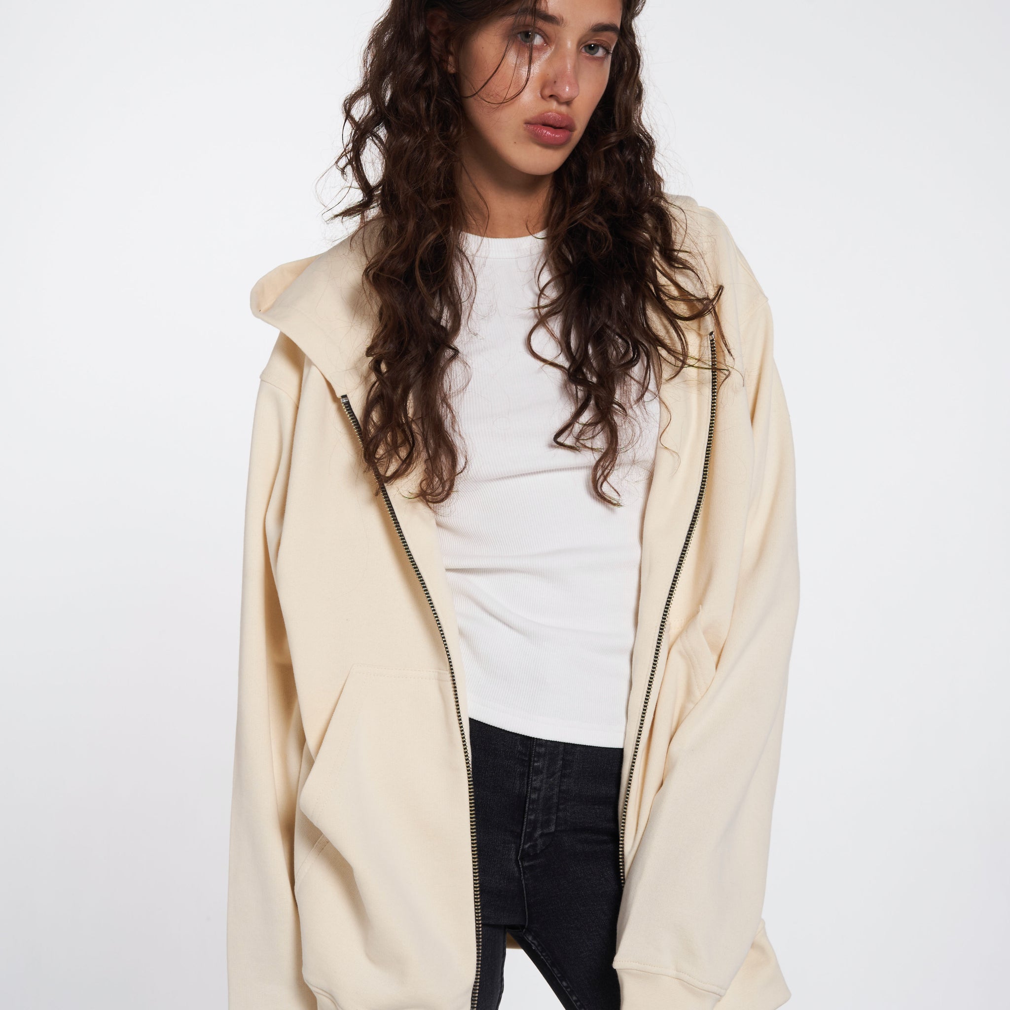 zip-up hoodie in vanilla color