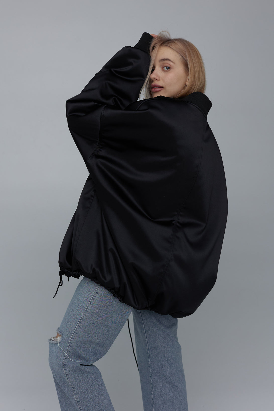 satin bomber in black color