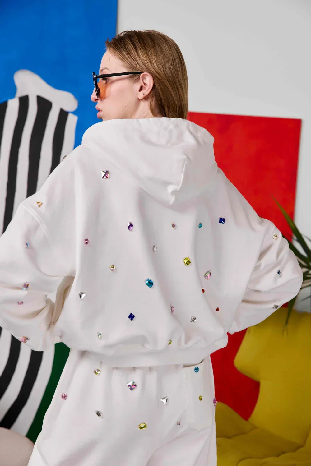 stone-embellished cropped zip-up hoodie