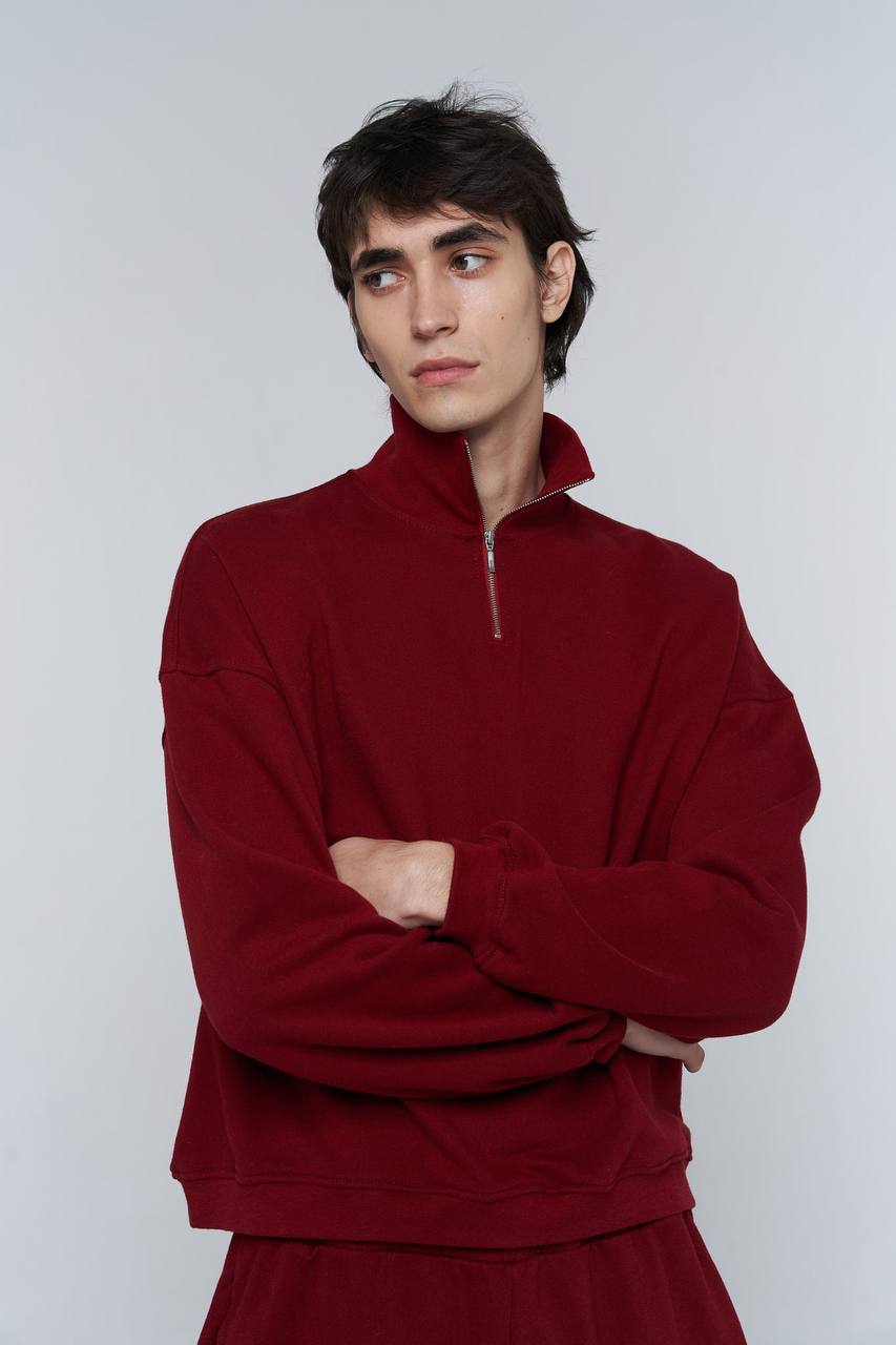 half zip sweatshirt in dark red color