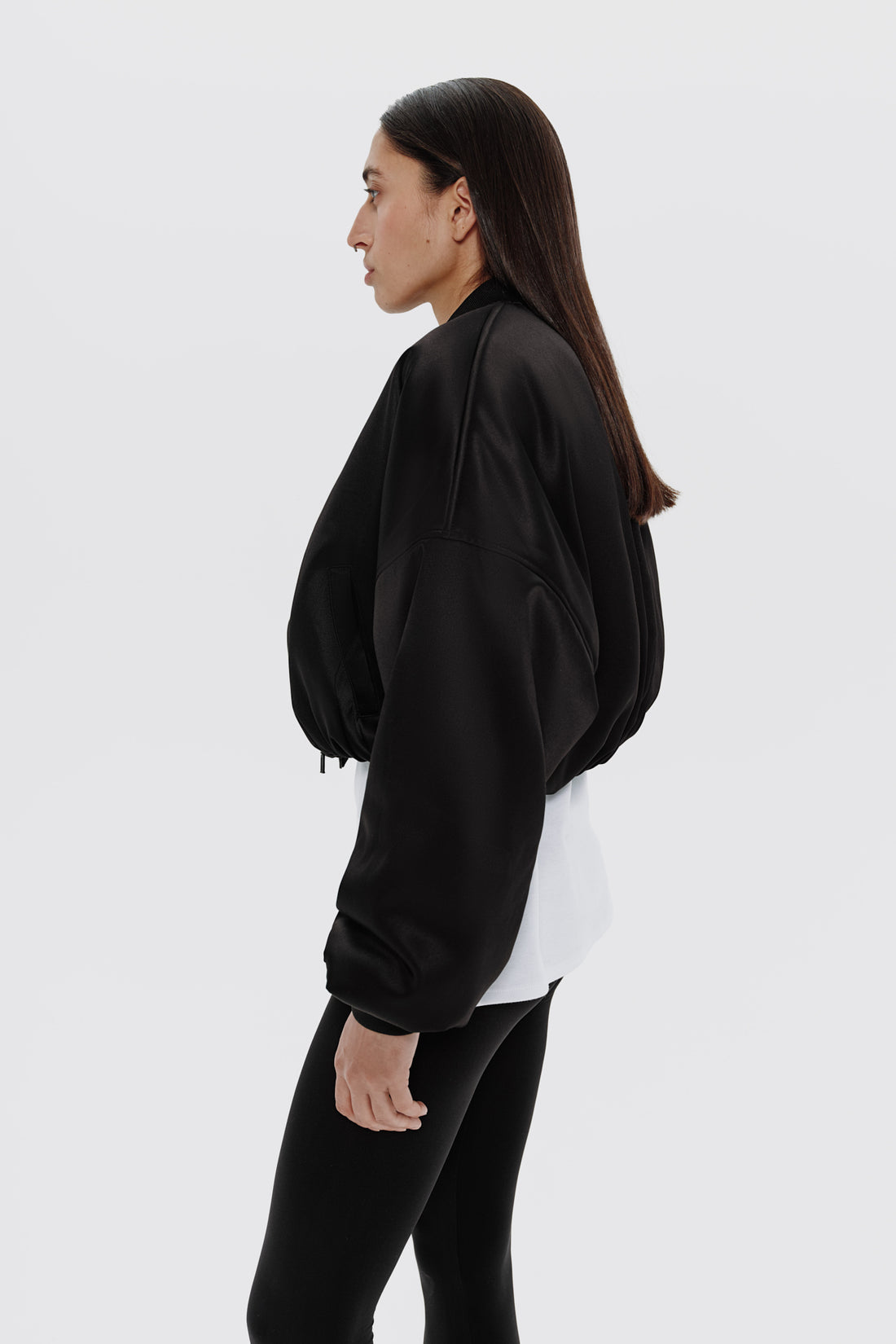 cropped satin bomber in black color