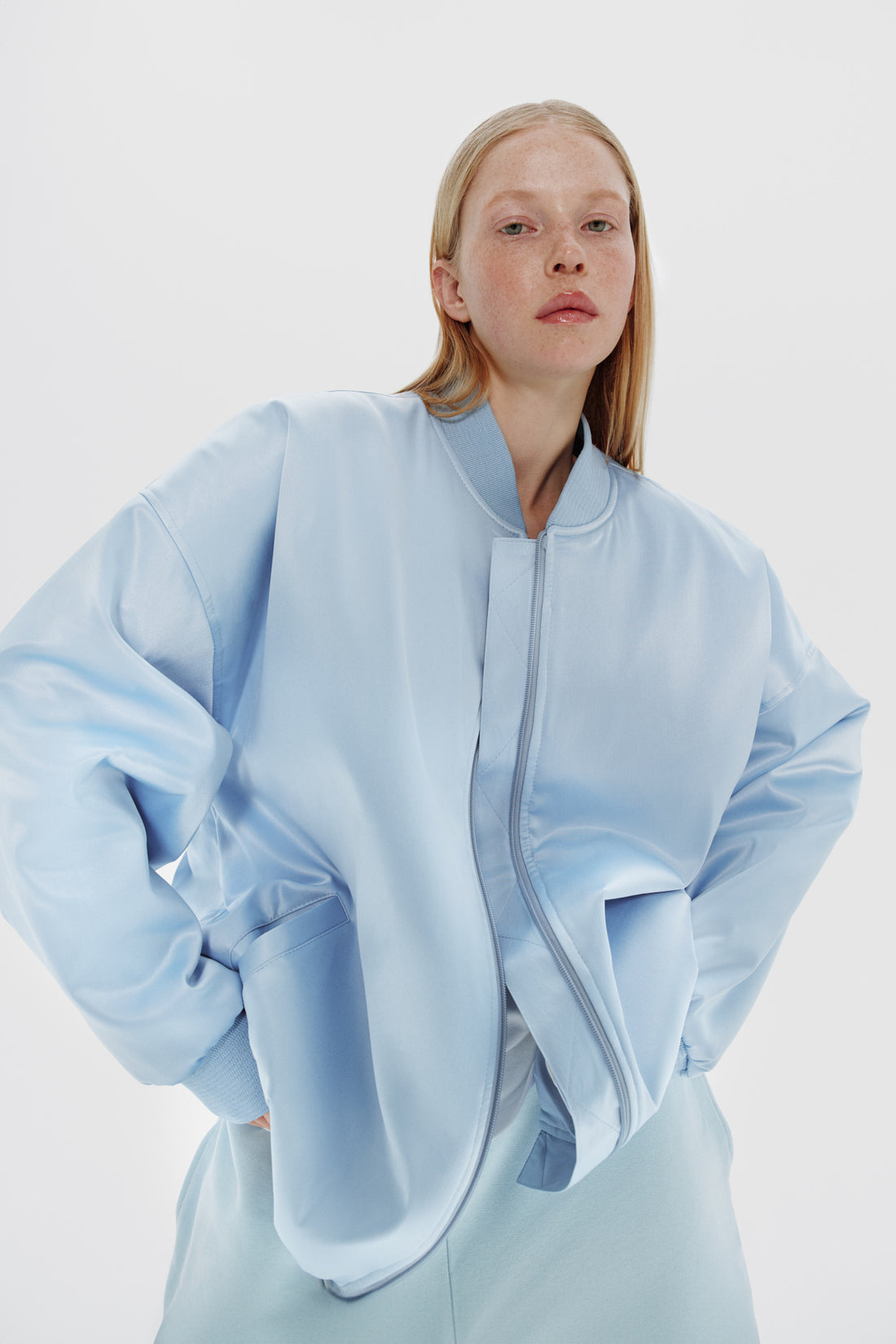 satin bomber in sky color